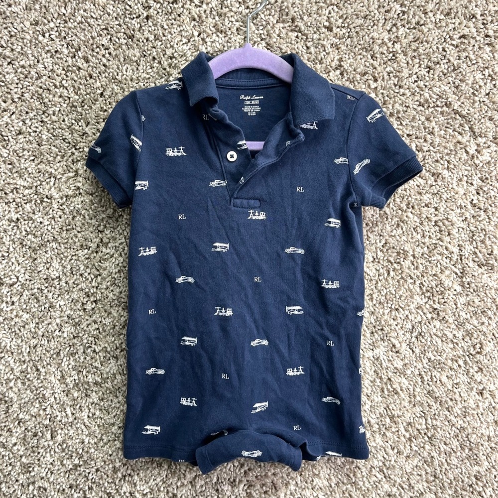 Ralph Lauren Romper Baby 12M Navy Blue Transportation Print Short‎ Sleeve Polo